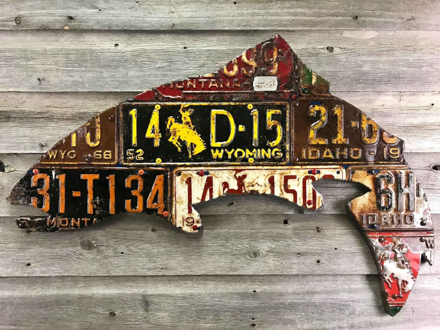 Cody Richardson Art - Antique Mixed Western State Trout License Plate Art 3 Cody Richardson Art - Antique Mixed Western State Trout License Plate Art